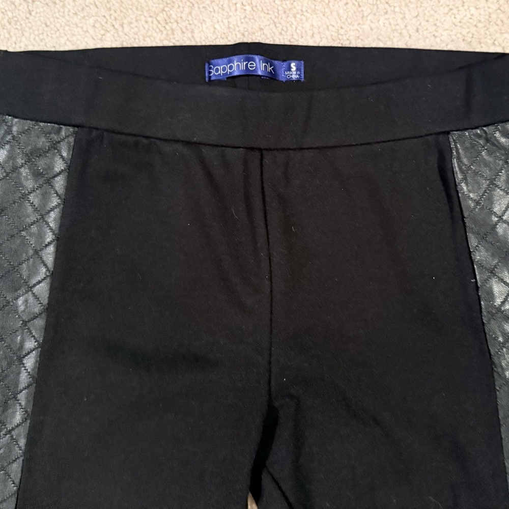 Sapphire Ink quilted Faux black leather on sides stretch pants.
